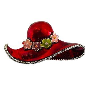 Vintage Flower Hat Brooch‎ Pin Signed MJ 2.5" Multicolor